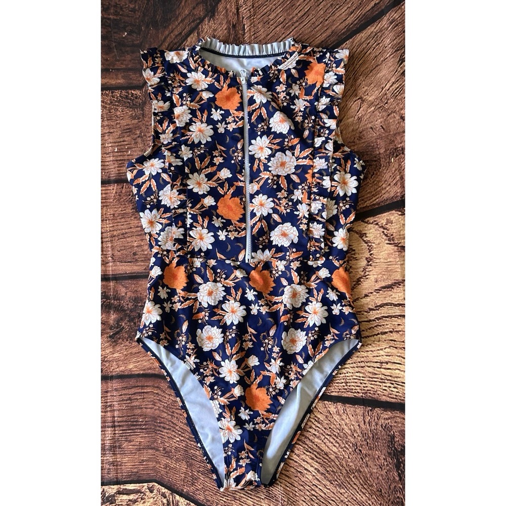 SHEIN Swim Floral Print Ruffle Trim Zip Front Size‎ Medium